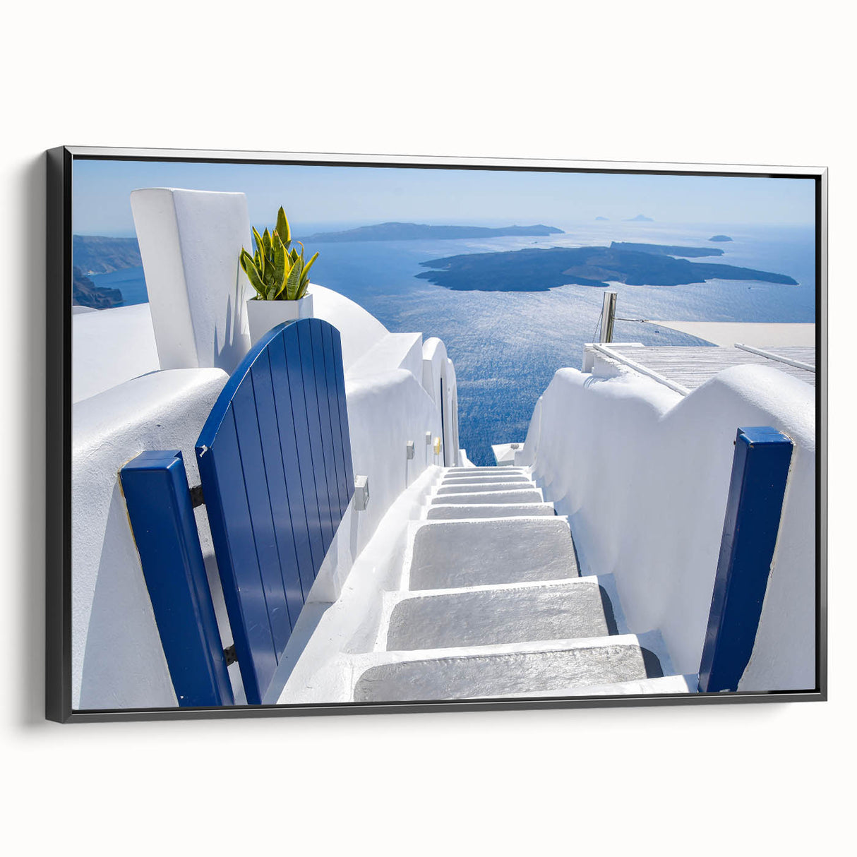 Black and white landscape art painting of Santorini on framed canvas, ideal for bedroom wall decor.