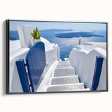 Black and white landscape art painting of Santorini on framed canvas, ideal for bedroom wall decor.