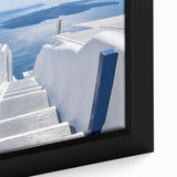 Framed canvas of Santorini scenery in black with colorful, textured details, ideal for living room decor.