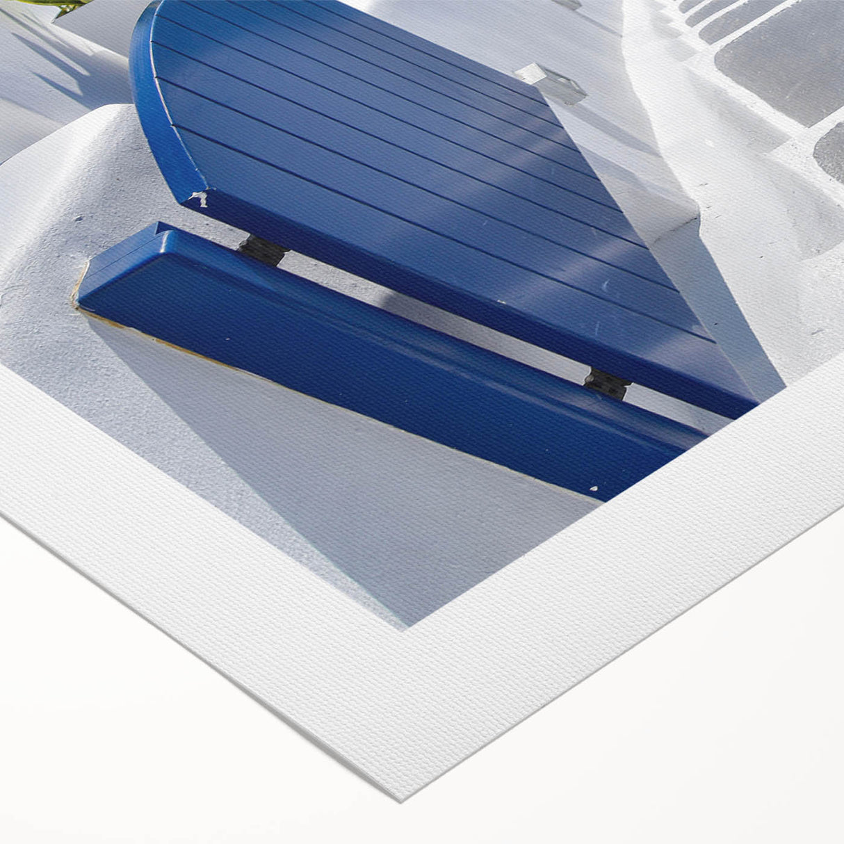 Art deco poster of Santorini with blue and white tones on rolled canvas, suitable for dining room décor.