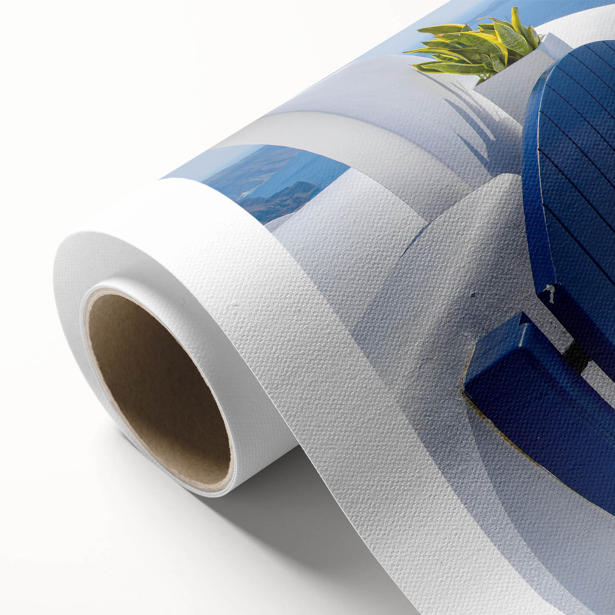 Art Deco poster of Santorini with blue and white hues on rolled canvas, suitable for nursery wall art.