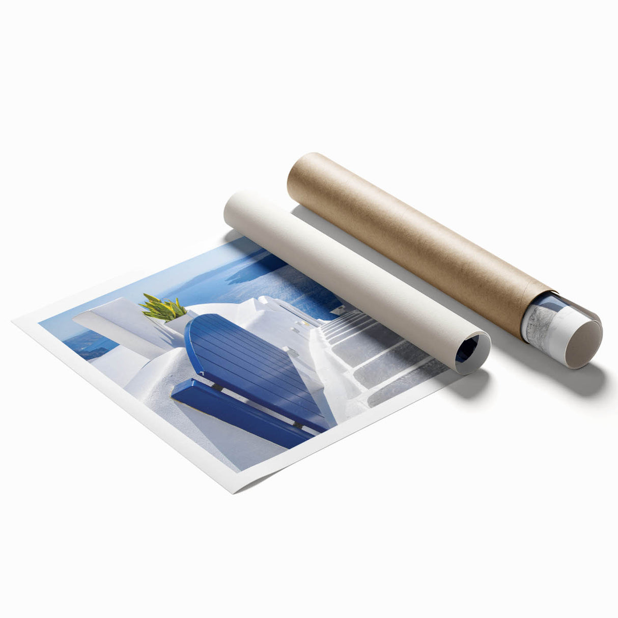 Extra large rolled print of Santorini scenery with vibrant blue and white tones, ideal for classy bathroom wall art.
