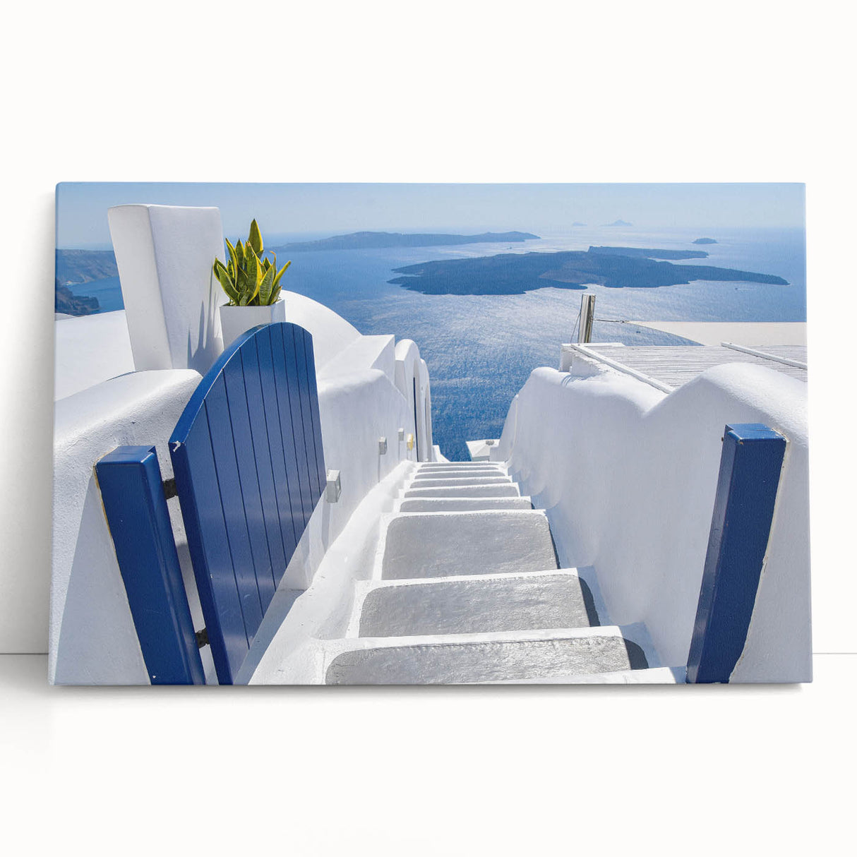 Black and white large art print of Santorini on stretched canvas, ideal for kitchen wall art.