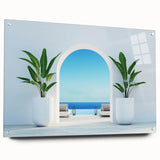 Acrylic print of a European Greek landscape in muted earth tones, ideal for dining room decor.