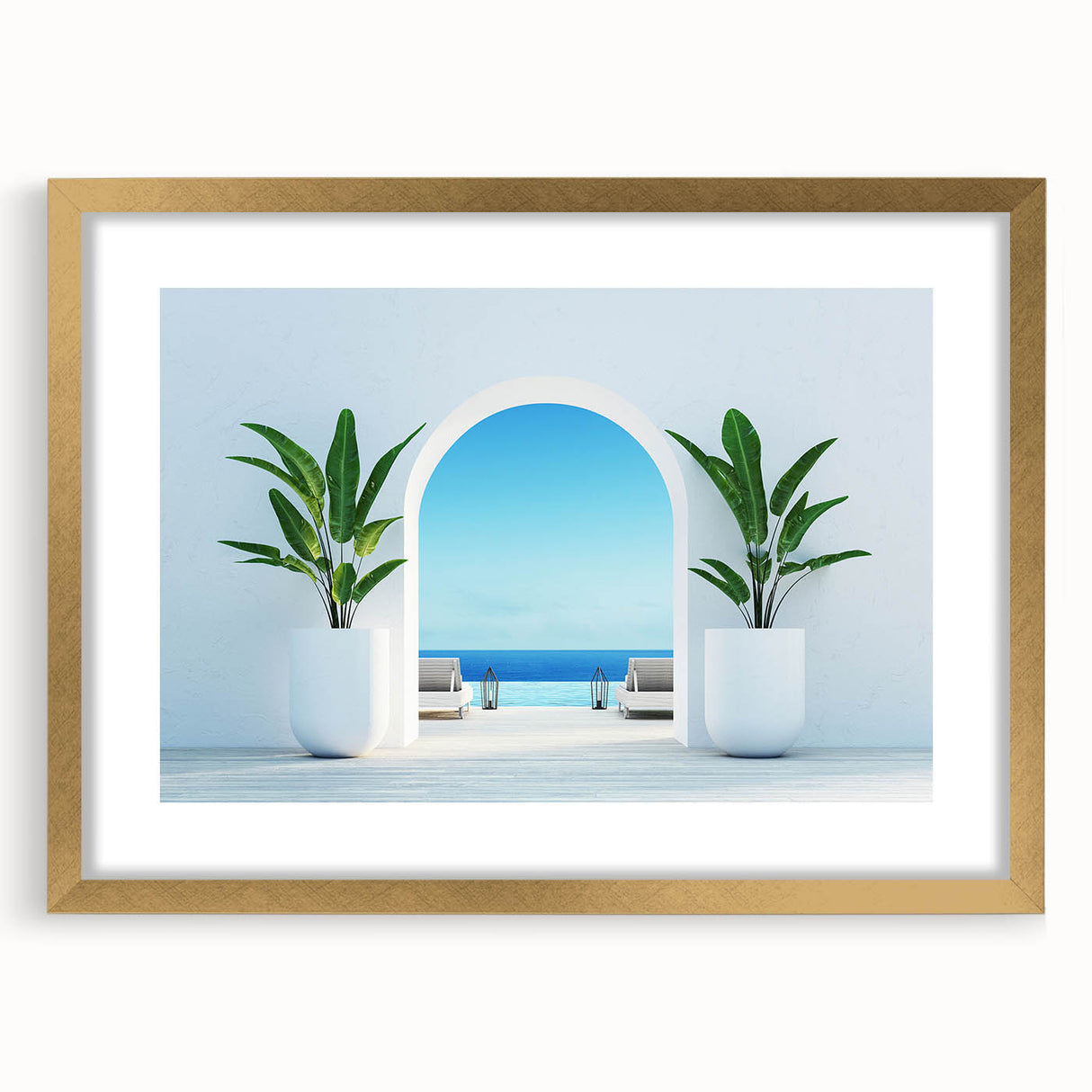 Abstract art print of a European Greek landscape in muted earth tones, framed with a gold mat.