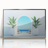 Large art print of a scenic European town in Greece, in muted earth tones on a silver-framed acrylic.