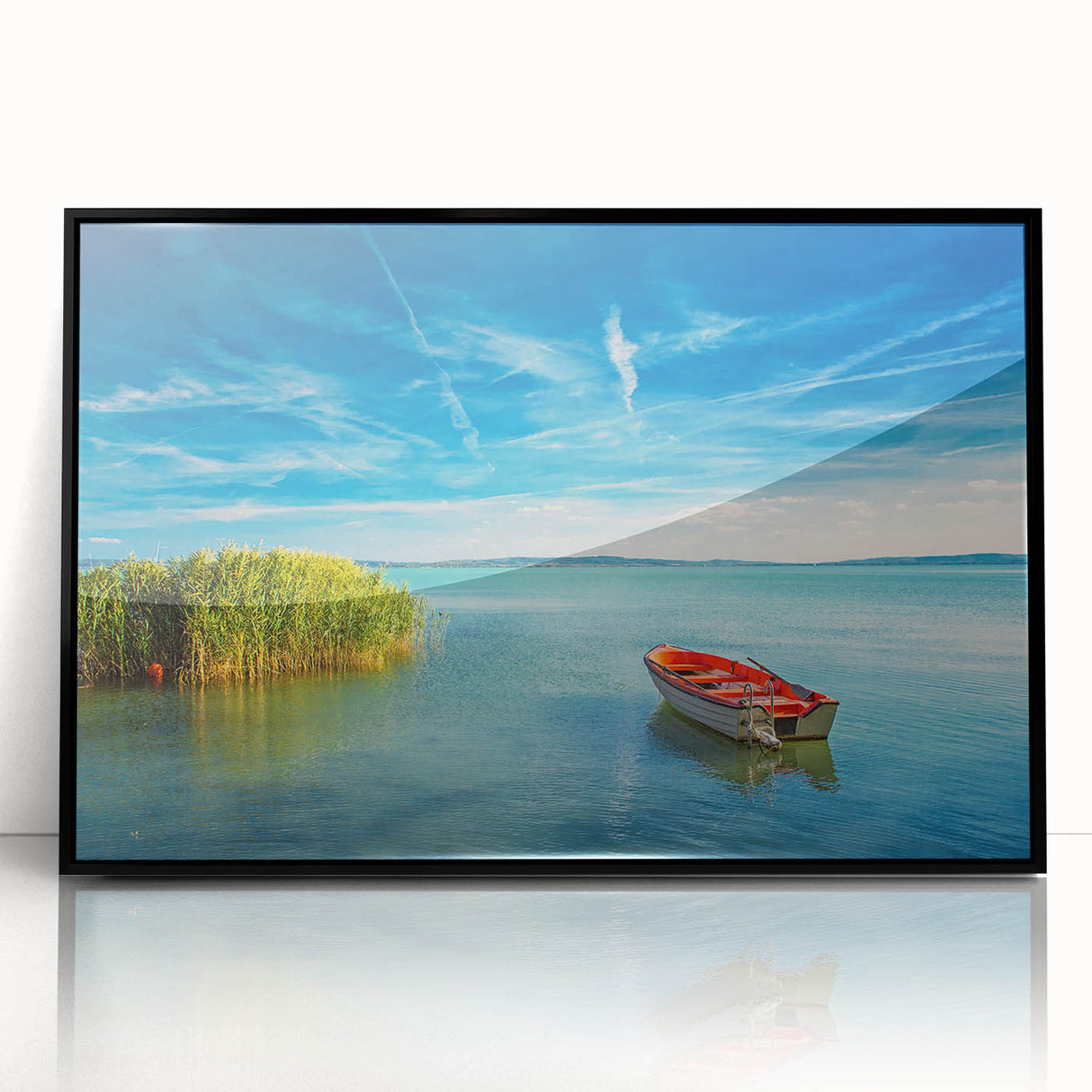 Large abstract wall art depicting a European scenery in muted earth tones, framed in black acrylic.