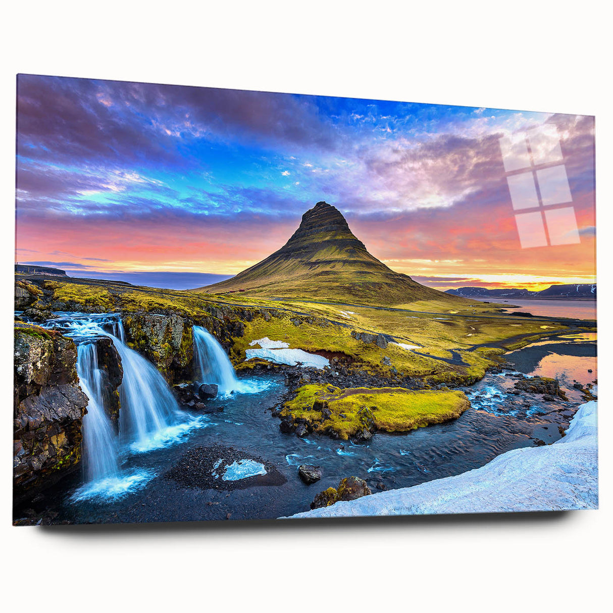Large abstract wall art of Icelandic scenery in muted blues and greens on acrylic glass.