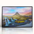 Large abstract wall art depicting a serene Icelandic landscape in muted blue and gray tones, framed in black acrylic.