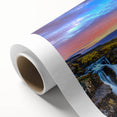 Art deco poster of a serene Icelandic landscape in soft pastel shades on rolled canvas, ideal for nursery wall art.