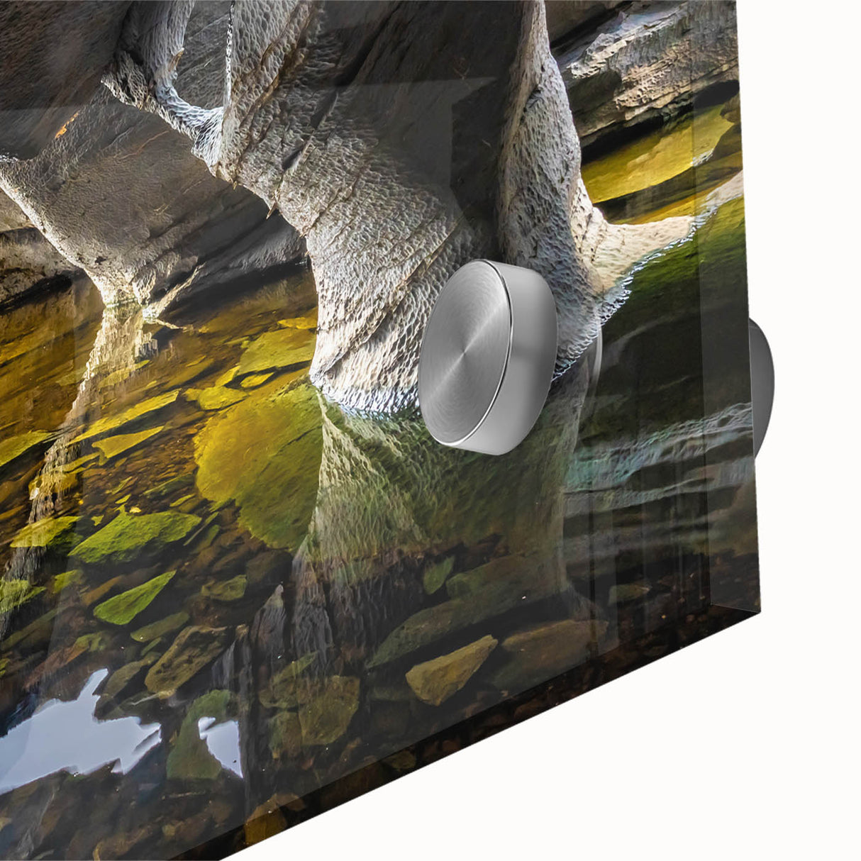 Mid-century modernist acrylic print featuring an abstract Irish landscape in muted green and blue tones.