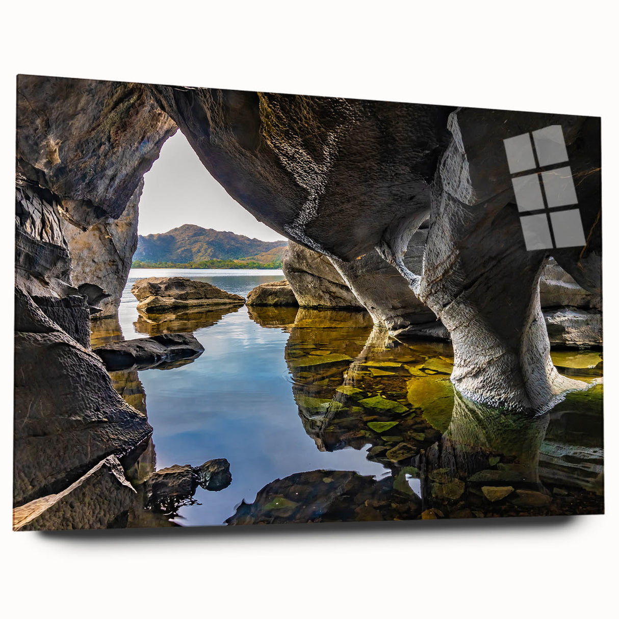 Acrylic print of a serene Irish landscape in soft green and blue tones, ideal for bedroom or dining room art.