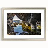 Extra large abstract art print of an Irish landscape in textured grays and greens, framed in silver.