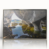 Large art print of a European Irish landscape in muted green and blue tones on a silver-framed acrylic.