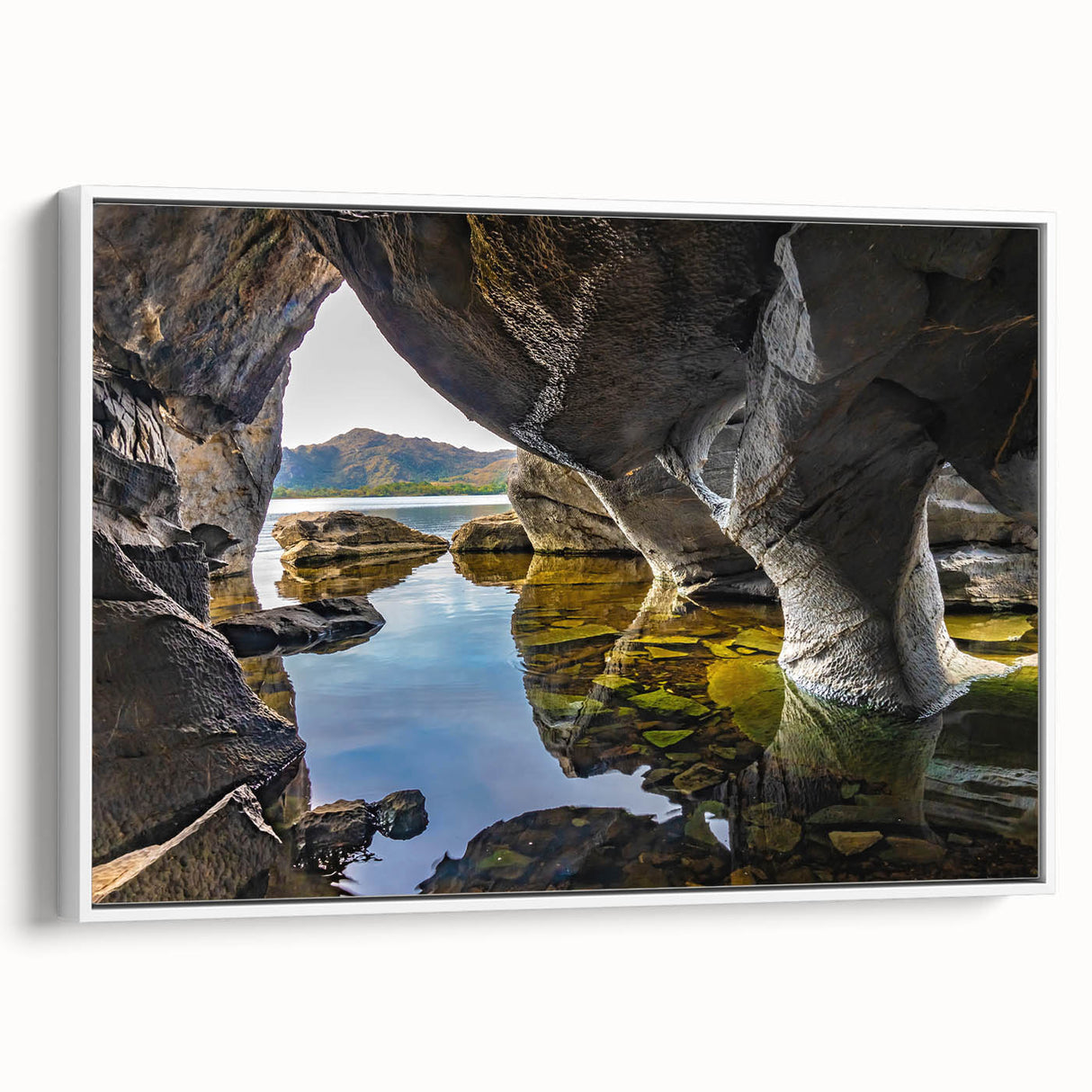 Vintage poster art of a scenic Ireland landscape on framed canvas, with colorful art tones, ideal for living room decor.