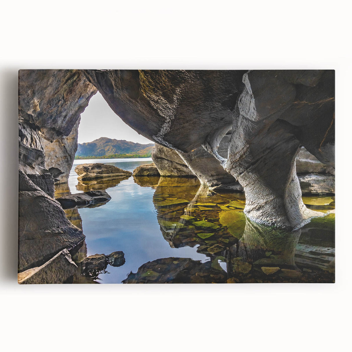 Black and white stretched canvas of a scenic Irish landscape, ideal for kitchen wall art.