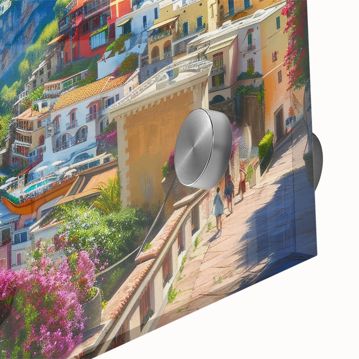 Acrylic print of Amalfi Coast with vibrant blue and white tones, mid-century modernist style, ideal for dining room art.