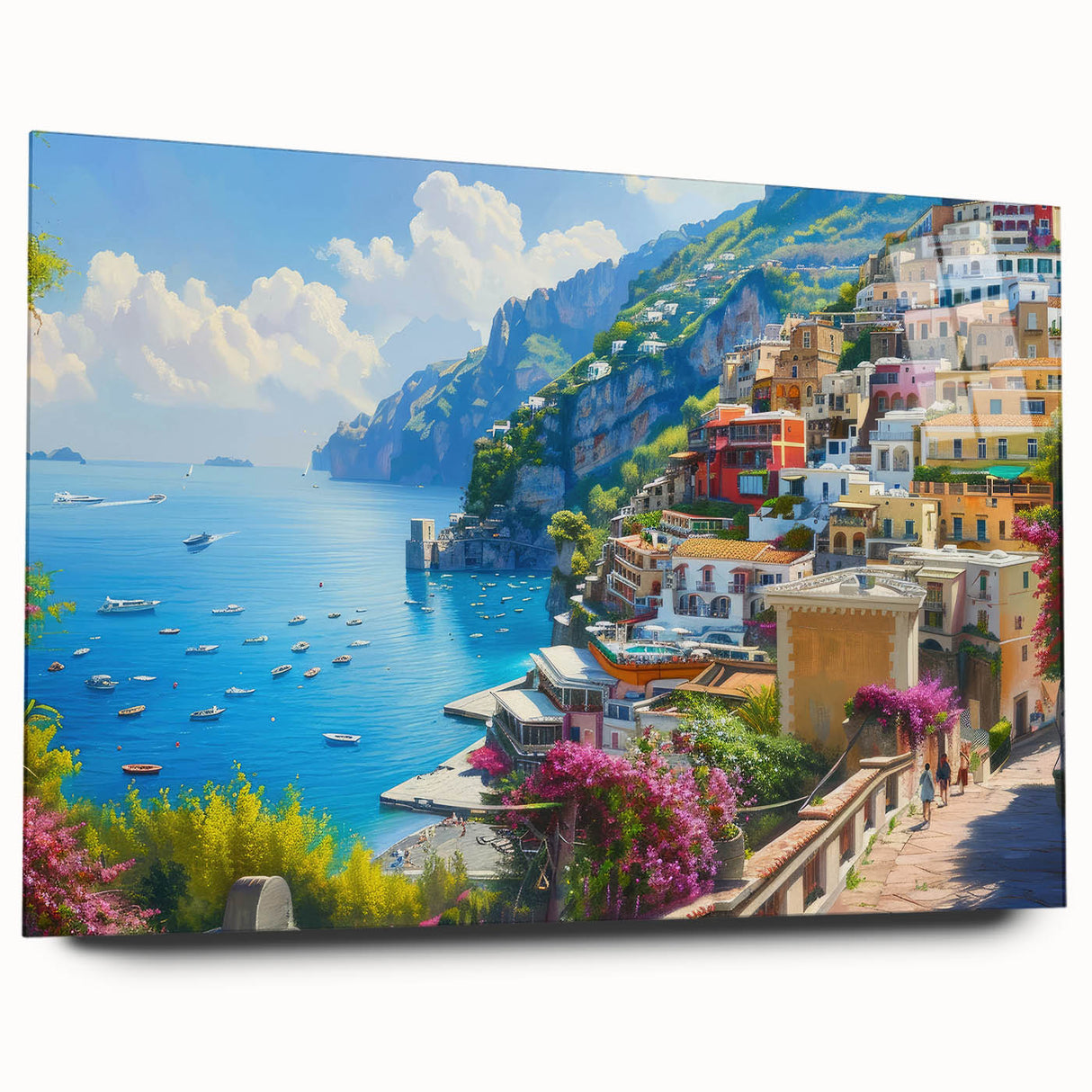 Acrylic print of the Amalfi Coast with vivid blue and white tones, suitable for bedroom or dining room decor.