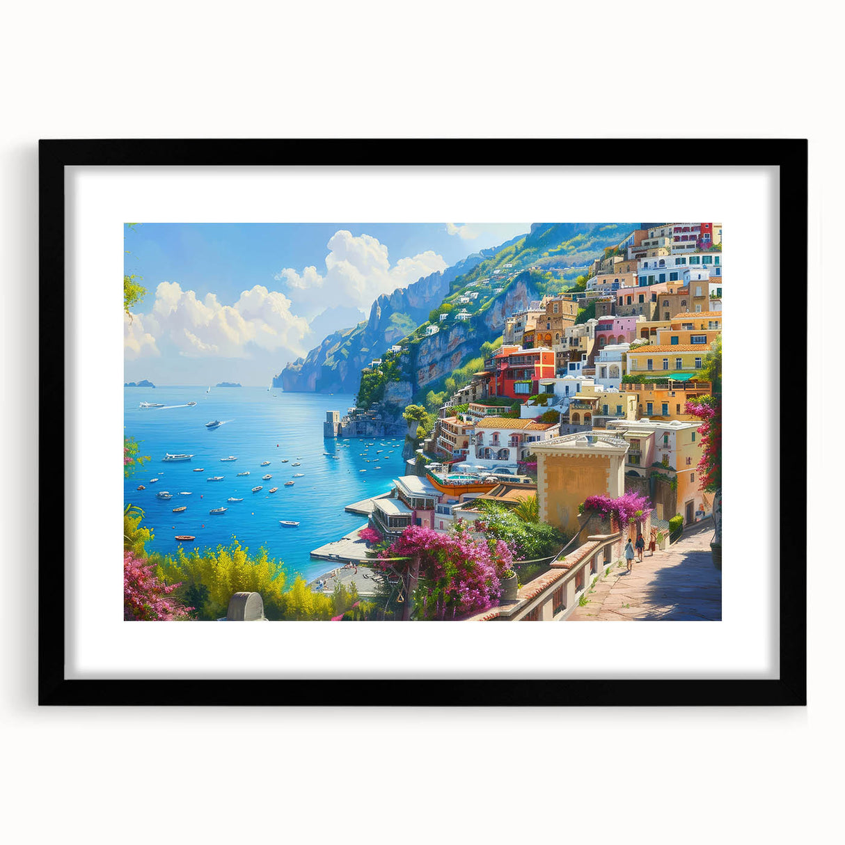 Extra large, textured abstract art print of the Amalfi Coast in vibrant, colorful hues on a framed black mat.