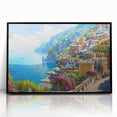 Large abstract wall art of Amalfi Coast in muted blue and white tones on a framed acrylic.