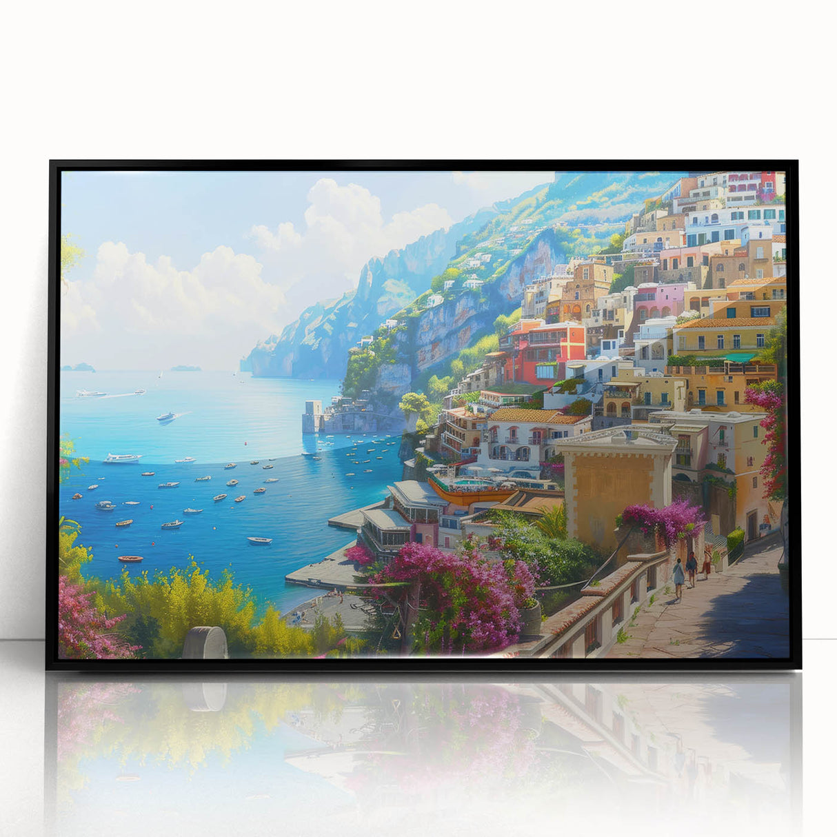 Large abstract wall art of Amalfi Coast in muted blue and white tones on a framed acrylic.
