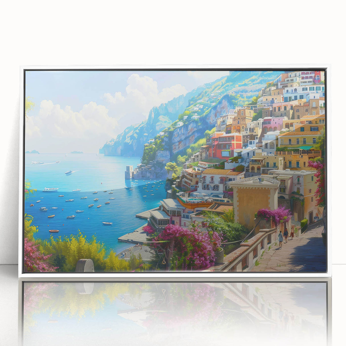 Mid-century modernist art of Amalfi Coast with muted color palette on framed acrylic, ideal for modern art wall decor.