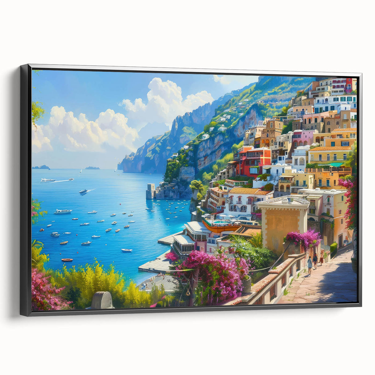 Black and white framed canvas of Amalfi Coast landscape, ideal for bedroom wall art.