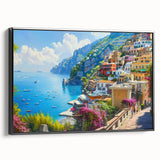 Black and white framed canvas of Amalfi Coast landscape, ideal for bedroom wall art.