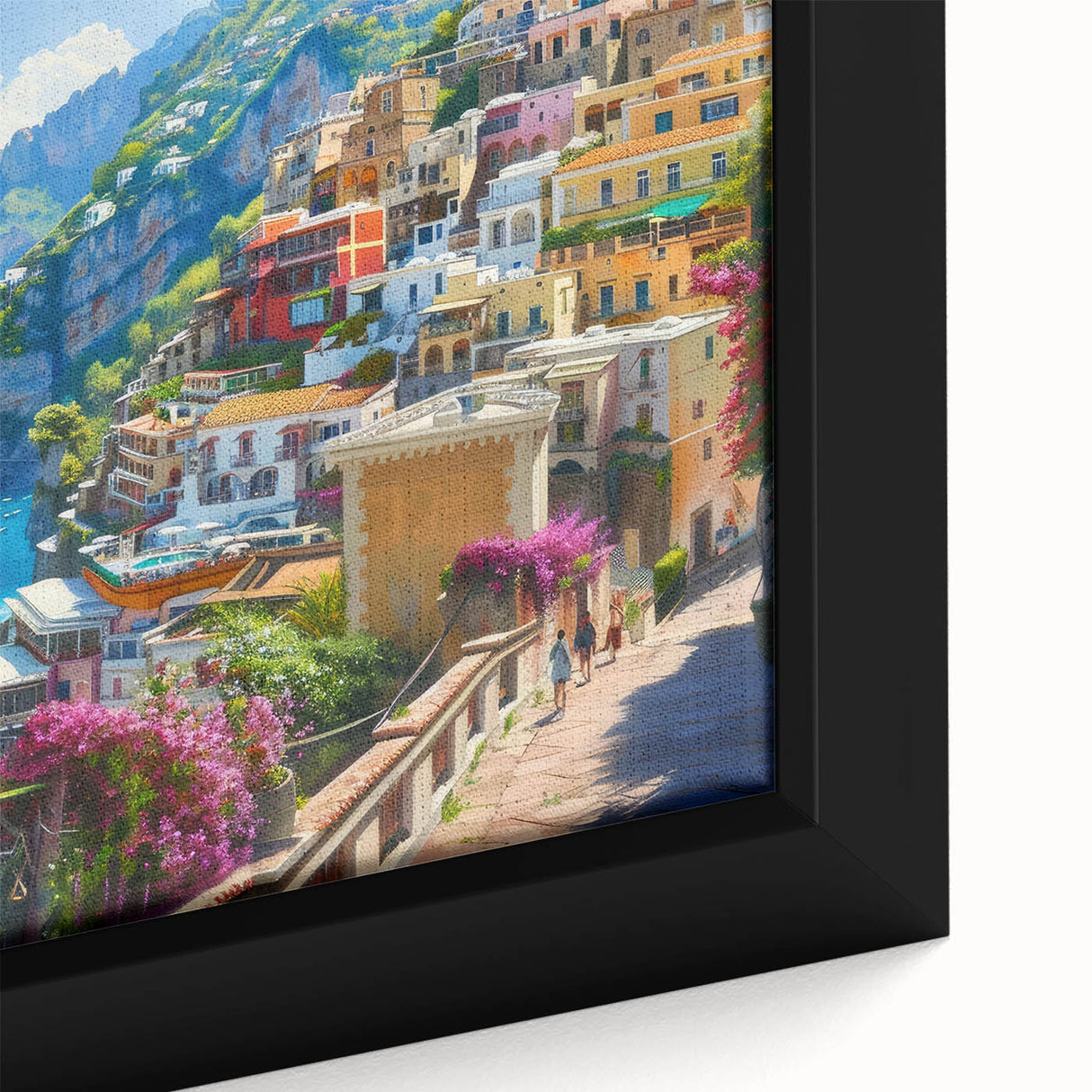 Extra large framed canvas featuring a textured depiction of the Amalfi Coast in Italy, with colorful art elements.
