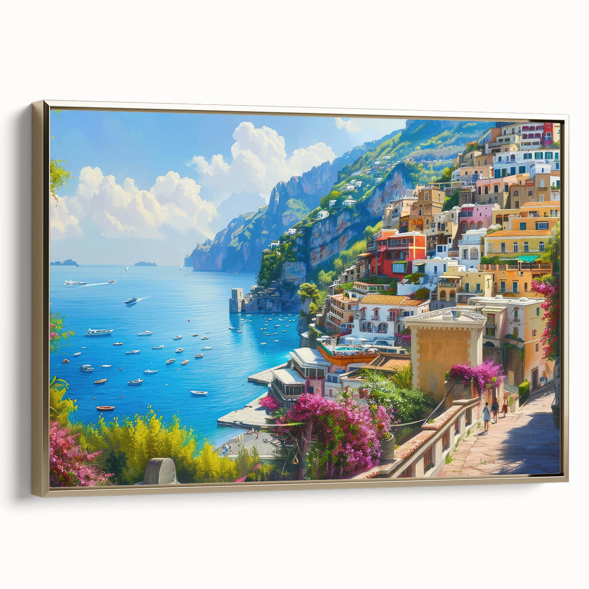 Framed canvas of Amalfi Coast landscape with vintage gold frame, featuring muted earth tones, ideal for bedroom wall art.
