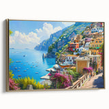 Framed canvas of Amalfi Coast landscape with vintage gold frame, featuring muted earth tones, ideal for bedroom wall art.