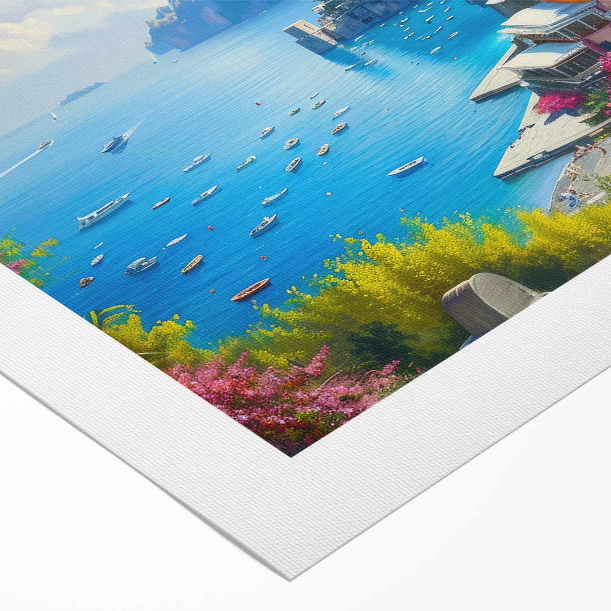Art deco poster of Amalfi Coast in pastel colors on rolled canvas, suitable for dining room wall art.