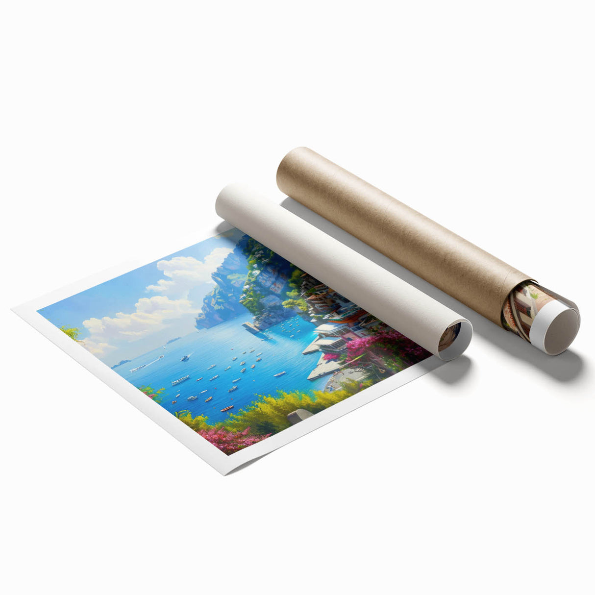 Extra large rolled print of Amalfi Coast with vibrant blue ocean and colorful houses, ideal for classy bathroom wall art.