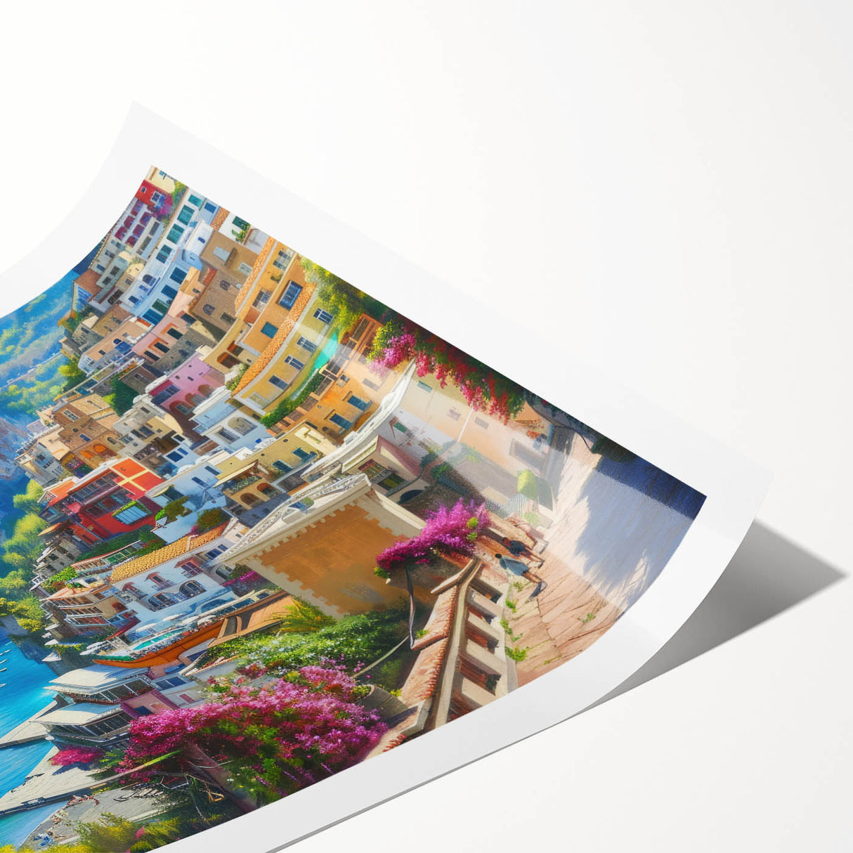Extra large wall art of the Amalfi Coast in vibrant colors on a rolled canvas, ideal for large living room decor.