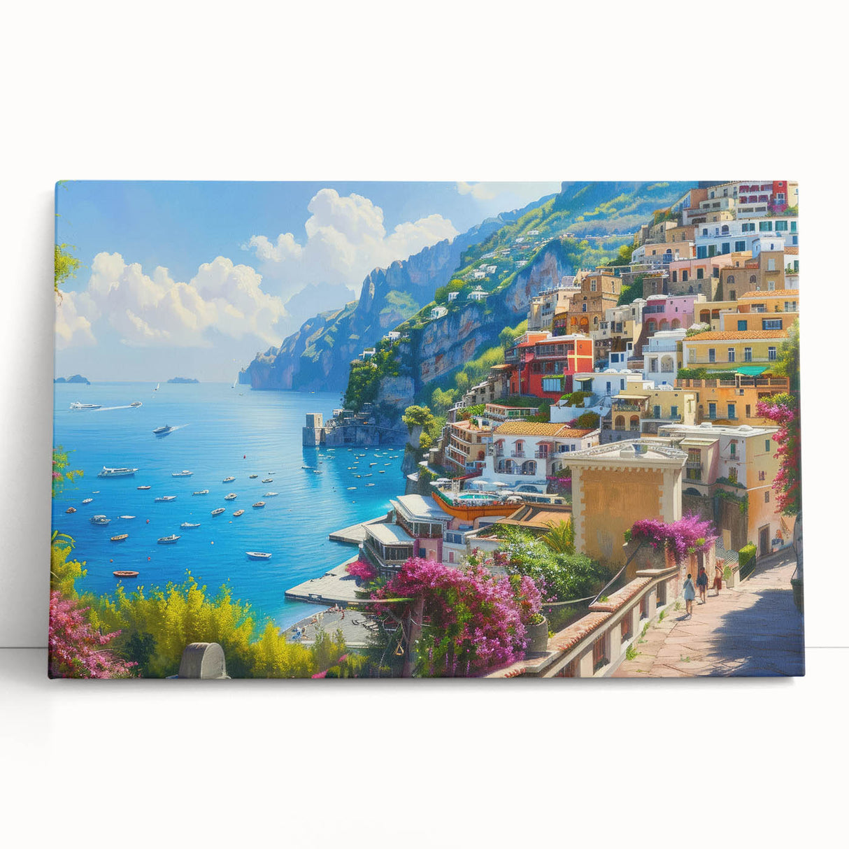 Black and white stretched canvas of Amalfi Coast scenery, ideal for kitchen wall art.