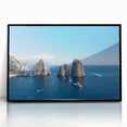 Large abstract wall art of Capri, Italy in muted blue and green tones on framed acrylic, suitable for modern art wall decor.