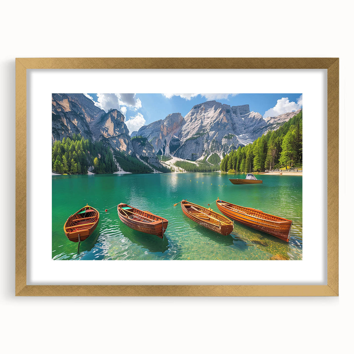 Abstract art print of the Dolomites in muted earth tones on a framed gold mat, suitable for dining room decor.