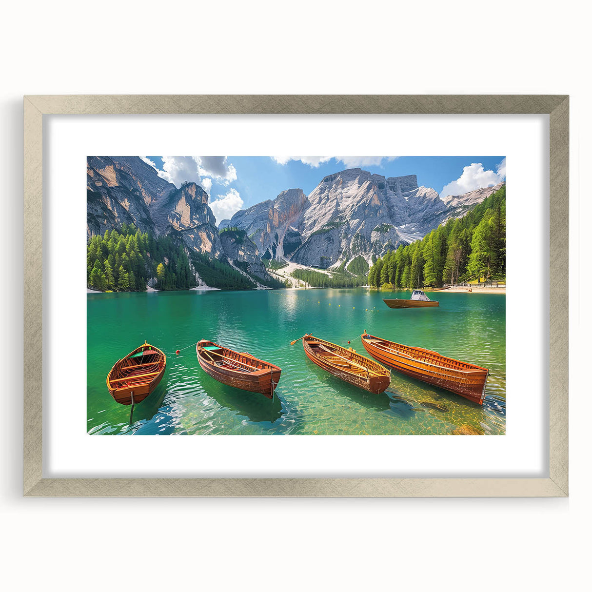 Extra large abstract art print of Dolomites scenery in textured silver frame, ideal for living room decor.