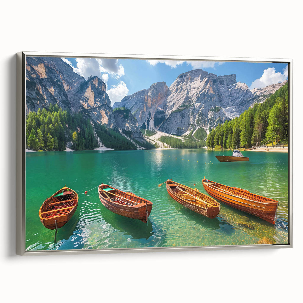 Framed canvas of a landscape art painting depicting the Dolomites in Italy, with vibrant green and blue tones.