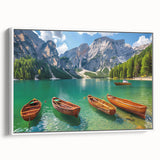 Vintage poster art of the Dolomites in Italy, featuring colorful art on a framed canvas, ideal for living room decor.