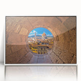 Mid-century modernist art depicting the Florence skyline in pastel shades on a framed acrylic.