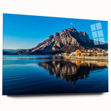 Acrylic print of Lake Como with soft blue and green tones, ideal for bedroom or dining room art.