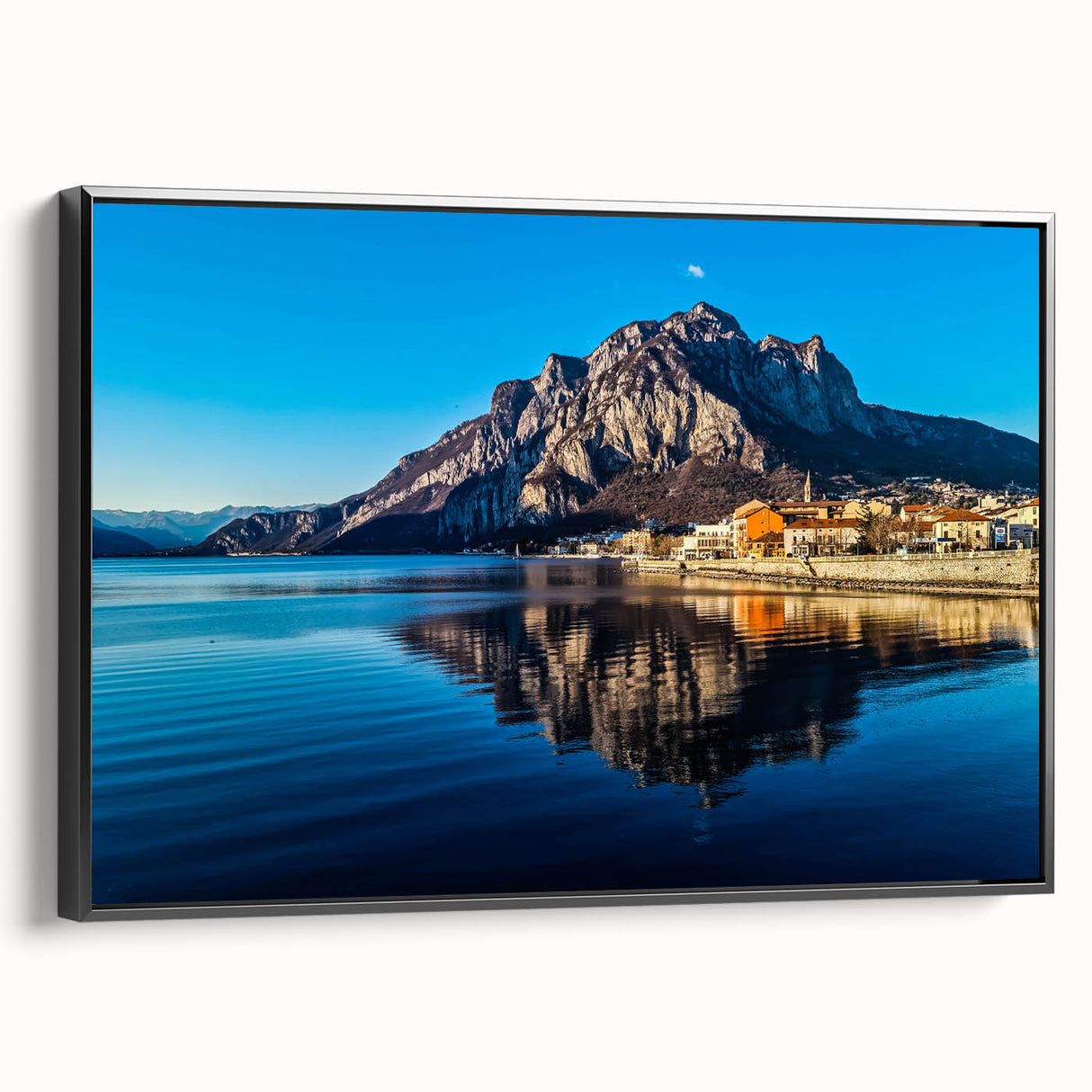 Black and white framed canvas of Lake Como landscape with vintage poster art style, ideal for bedroom wall decor.