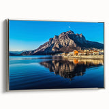 Landscape art painting of Lake Como with colorful vintage-style imagery on a black framed canvas.