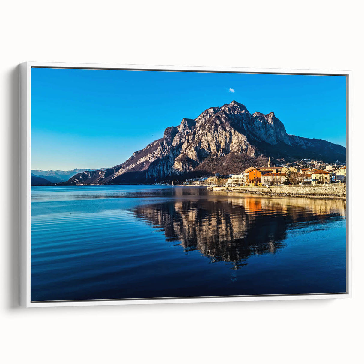 Vintage poster art of Lake Como with colorful imagery on extra large framed canvas, ideal for living room decor.