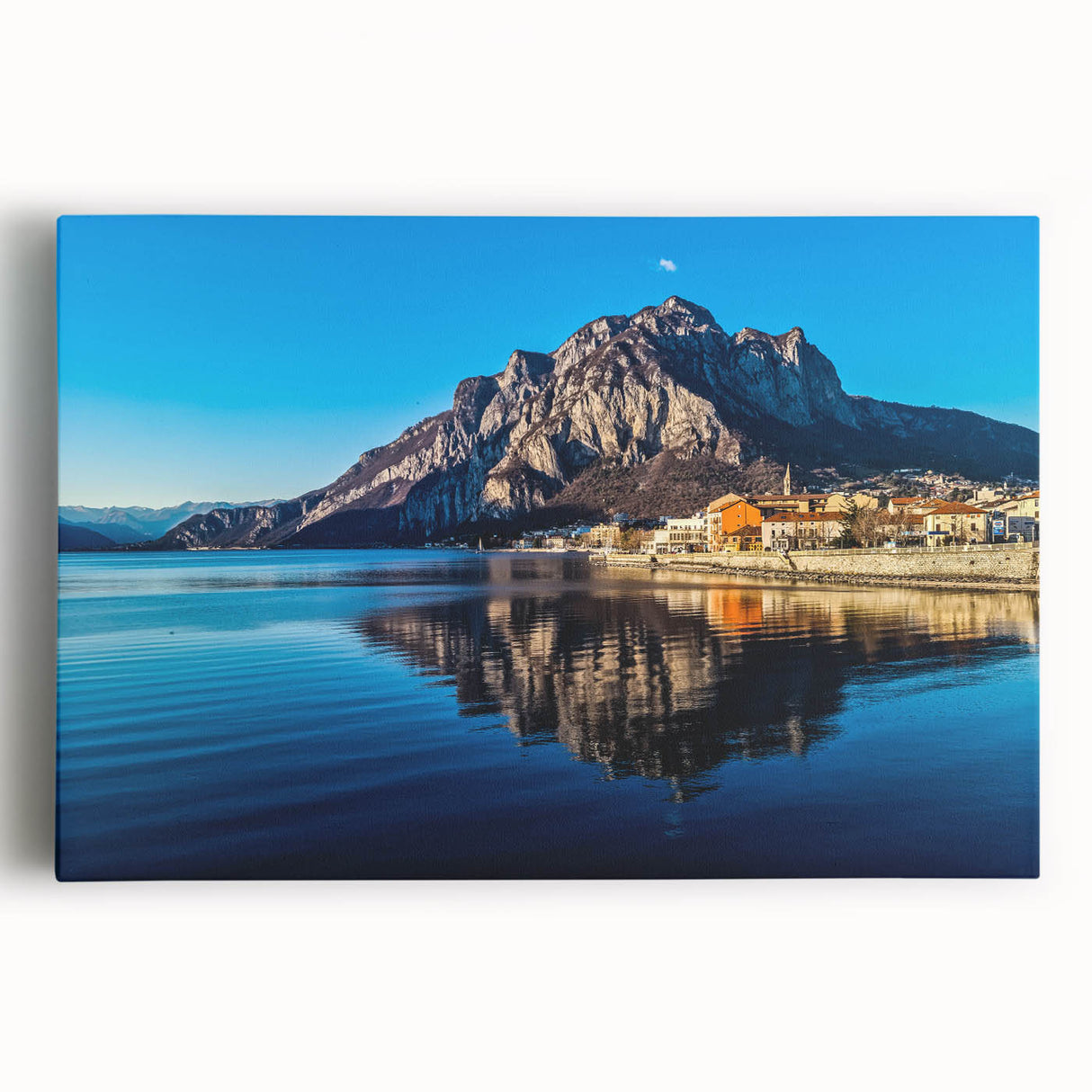 Black and white photograph of Lake Como on stretched canvas, ideal for kitchen wall art or bedroom ambiance.