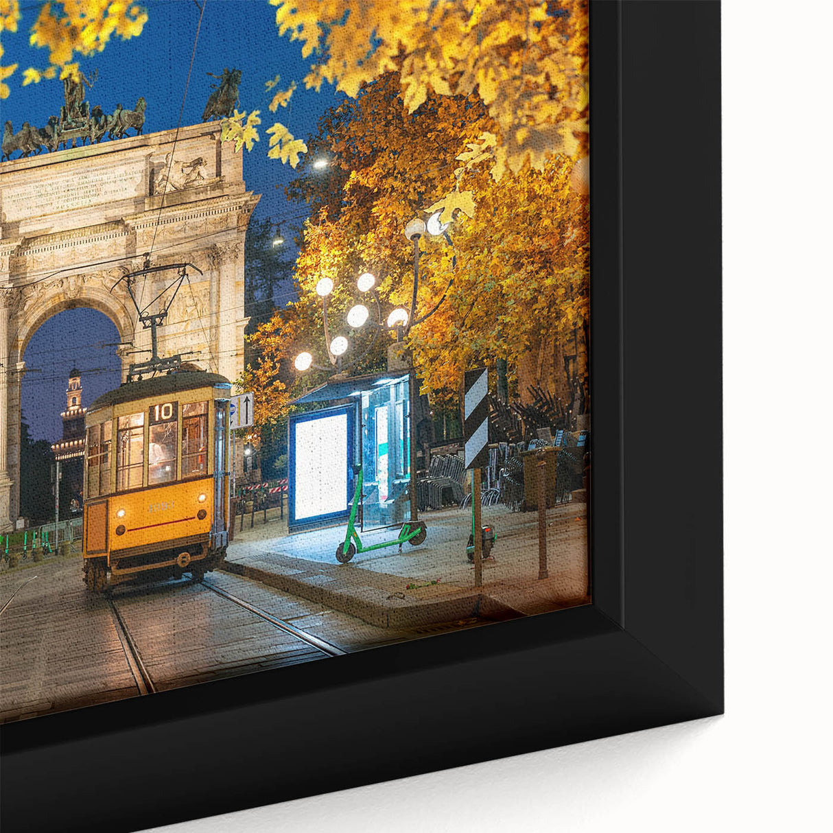 Black wall art featuring a textured depiction of Milan scenery in vibrant colors on a framed canvas.