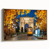 Framed canvas depicting a vintage-style Milan landscape in muted gold and black tones, ideal for bedroom wall art.