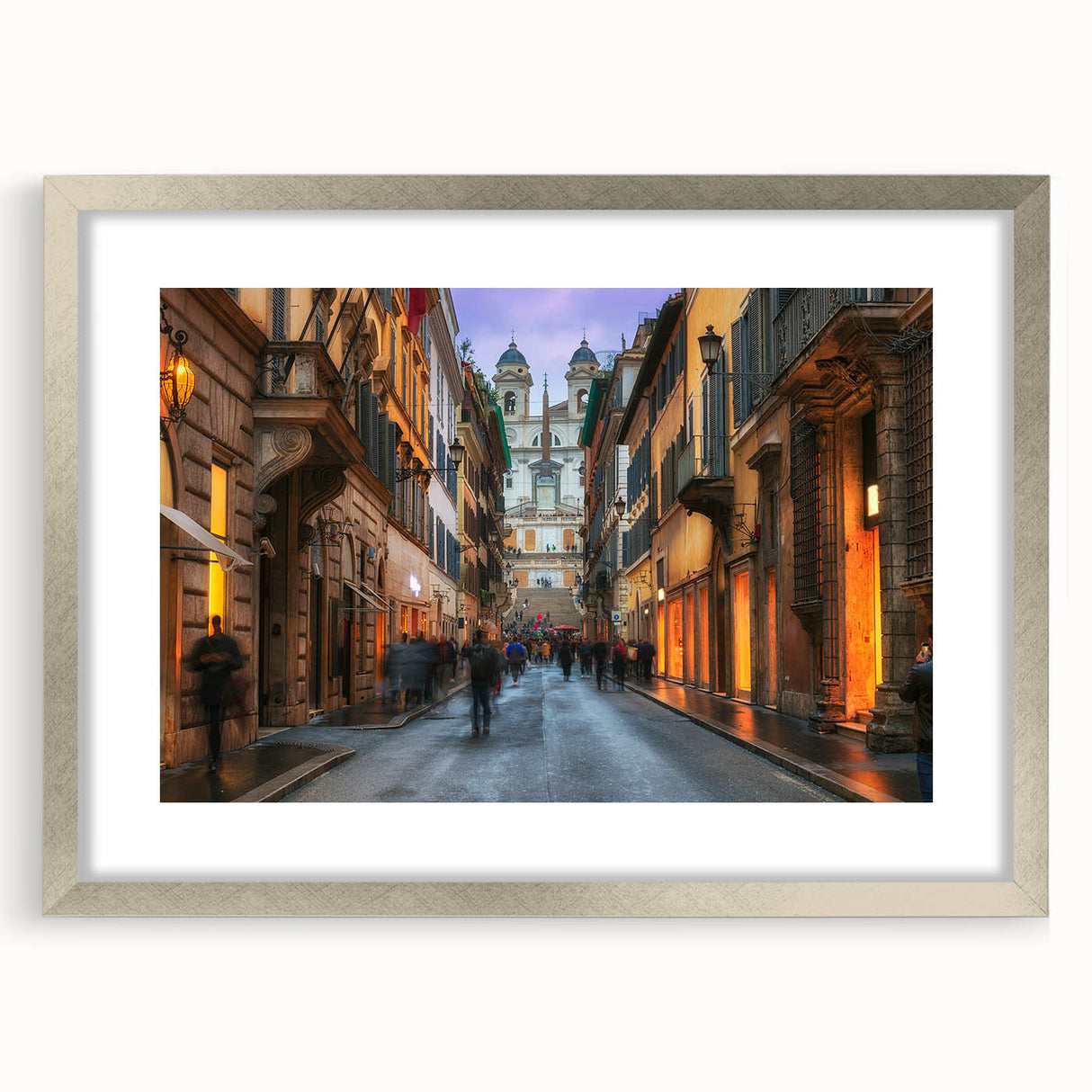 Extra large abstract art print of a textured Rome scenery in muted earth tones, framed in silver.