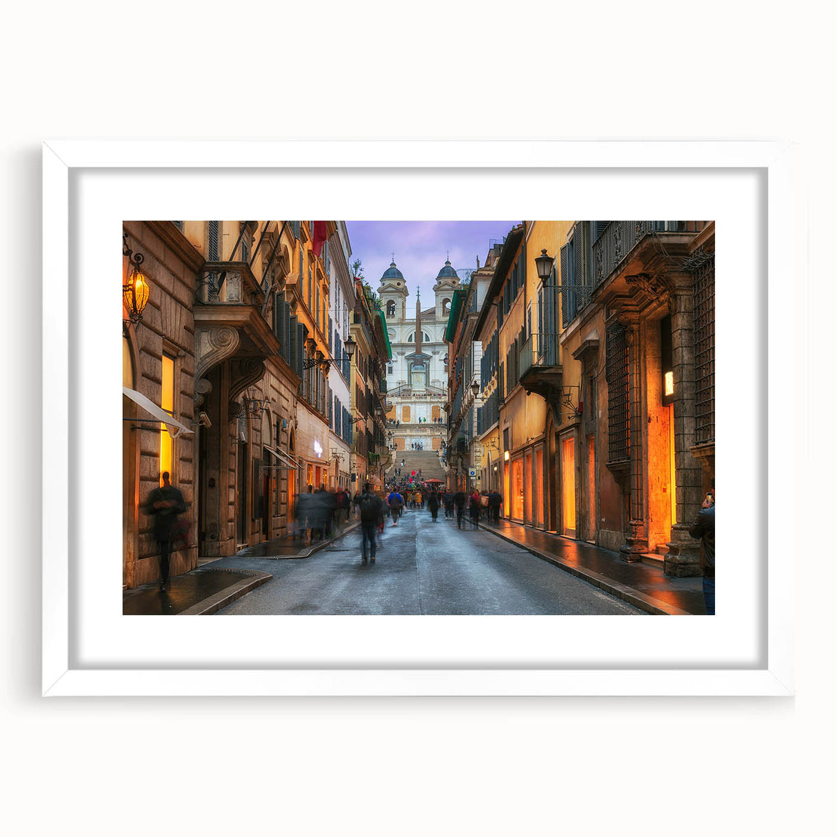 Textured art print depicting an abstract European scenery in Rome, framed in white, suitable for bedroom decor.